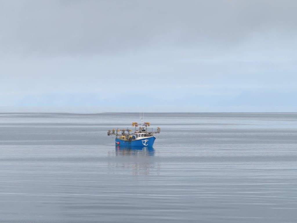 Fiske på spegelblankt hav utanför Keflavik